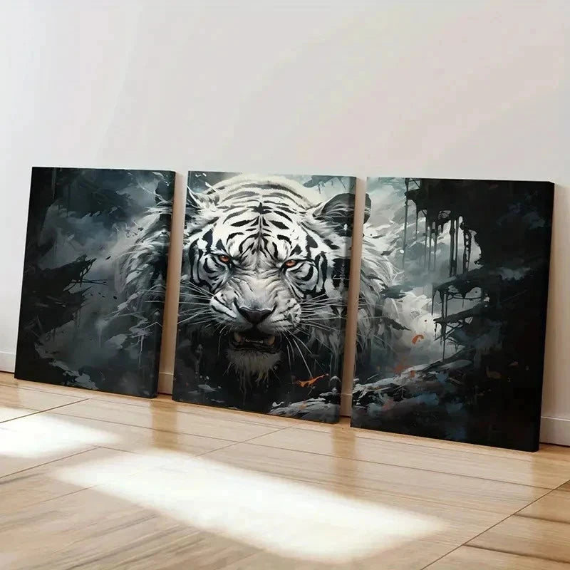 3pcs White Tiger Growling and Staring Wall Art Set Canvas Framed 50x70cm - High Quality Print 100% Australian Made Wall Canvas Ready to Hang