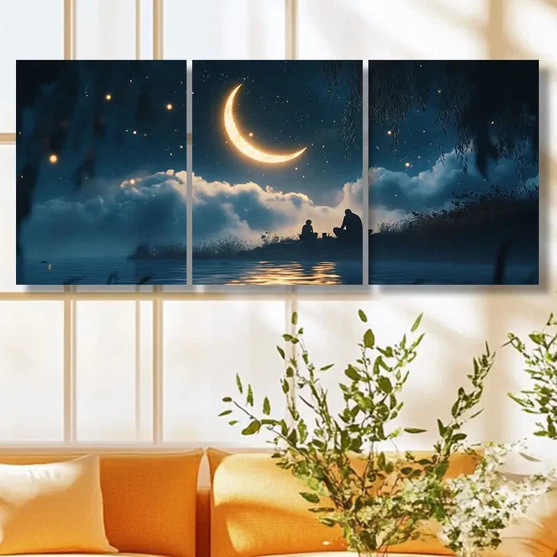 3pcs Crescent Moon Nighttime Scene with Starry Sky Metal Print Ready to Hang Art - Bella Home Decor