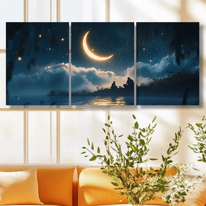3pcs Crescent Moon Nighttime Scene with Starry Sky Metal Print Ready to Hang Art - Bella Home Decor