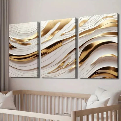3pcs White Golden Wave Lines Wall Art Set Canvas Unframed - High Quality Print 100% Australian Made Wall Canvas
