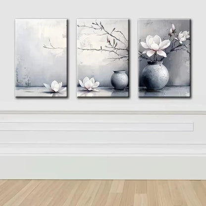 3pcs Magnolia flowers and Vases Metal Print Ready to Hang Art