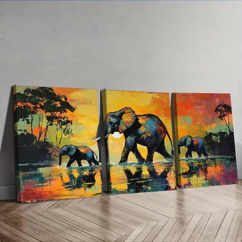 3pcs Elephant is Walking Colorful Nature Perfect Wall Art Set Canvas Unframed - High Quality Print 100% Australian Made Wall Canvas