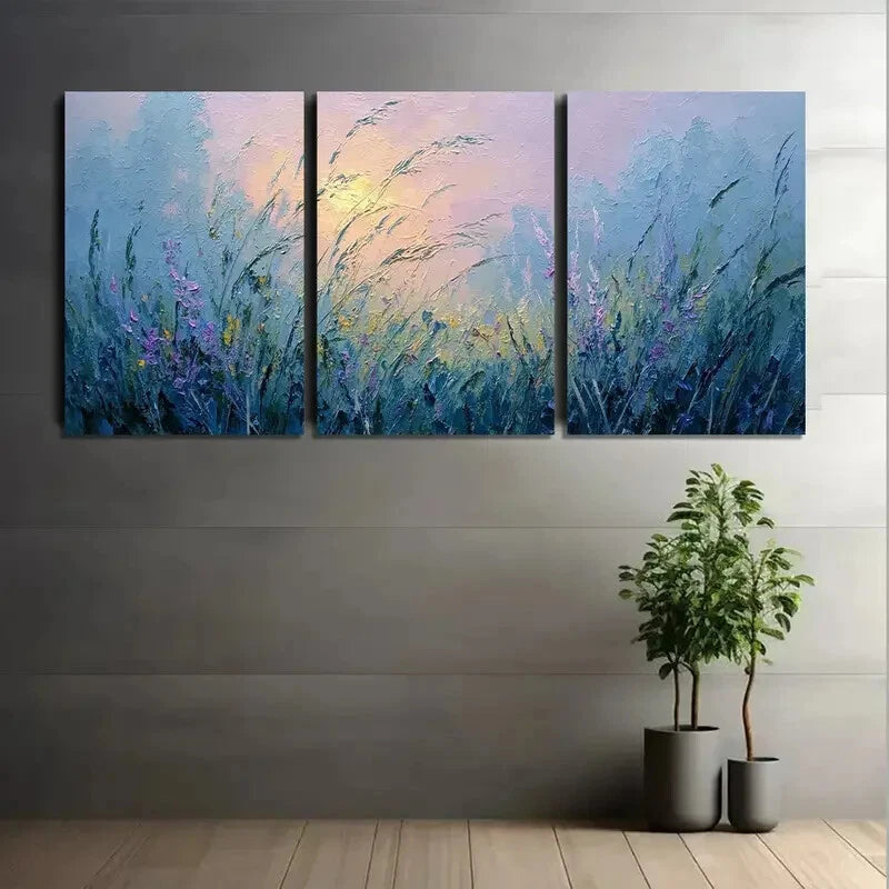 3pcs Tall Grass and Wildflowers in Soft Dappled Metal Print Ready to Hang Art - Bella Home Decor