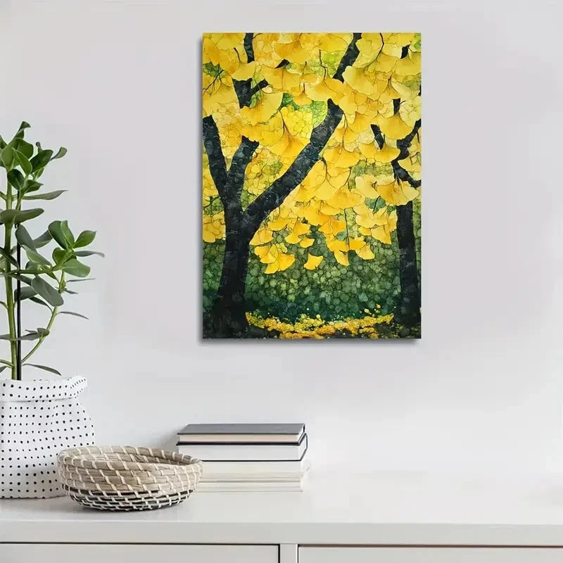 Vibrant Ginkgo Forest Scene with Yellow Leaves  40x60cm Metal Print Ready to Hang - Bella Home Decor
