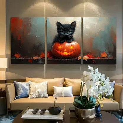 3pcs Black Cat on Glowing Pumpkin with Ghost Wall Art Canvas Unframed - High Quality Print 100% Australian Made Wall Canvas - Bella Home Decor