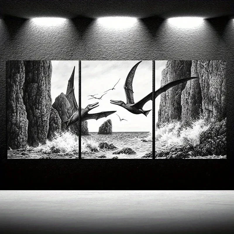 3pcs Dragons Flying On The Coast Beach Metal Print Ready to Hang Art - Bella Home Decor