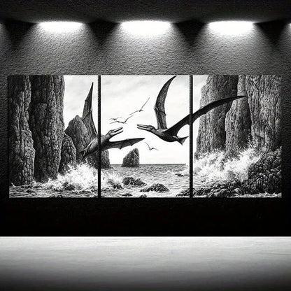 3pcs Dragons Flying On The Coast Beach Metal Print Ready to Hang Art - Bella Home Decor