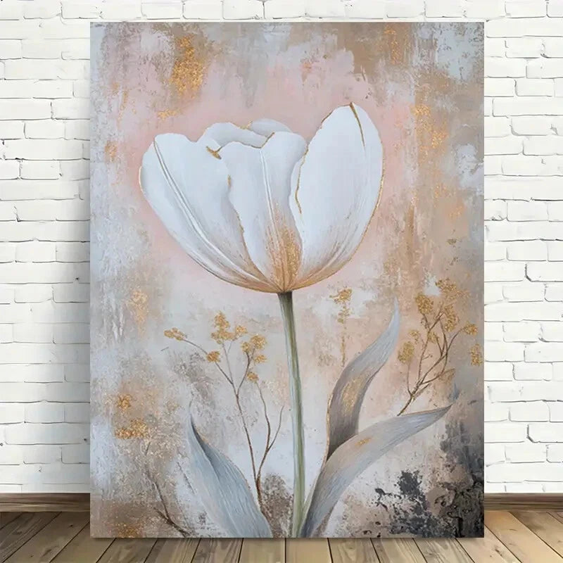 Beautiful Elegant White Tulip Golden Accents Painting 40x60cm Metal Print Ready to Hang - Bella Home Decor