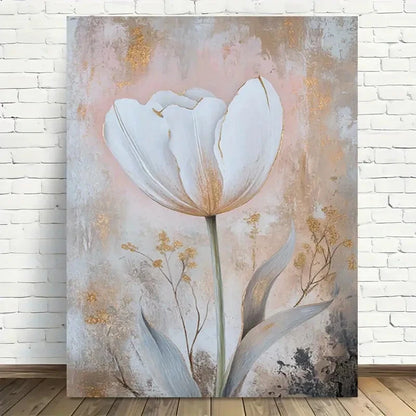 Beautiful Elegant White Tulip Golden Accents Painting 40x60cm Metal Print Ready to Hang - Bella Home Decor