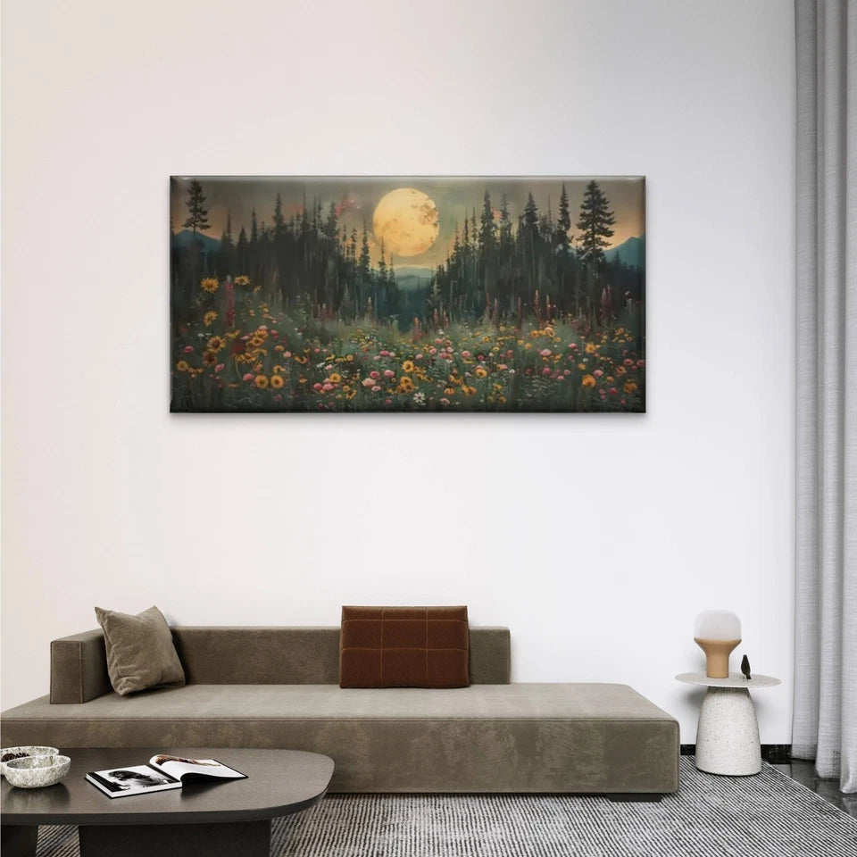 Fields Of Flowers Full Moon  Wall Art Canvas Office Home Room Framed 120x60cm