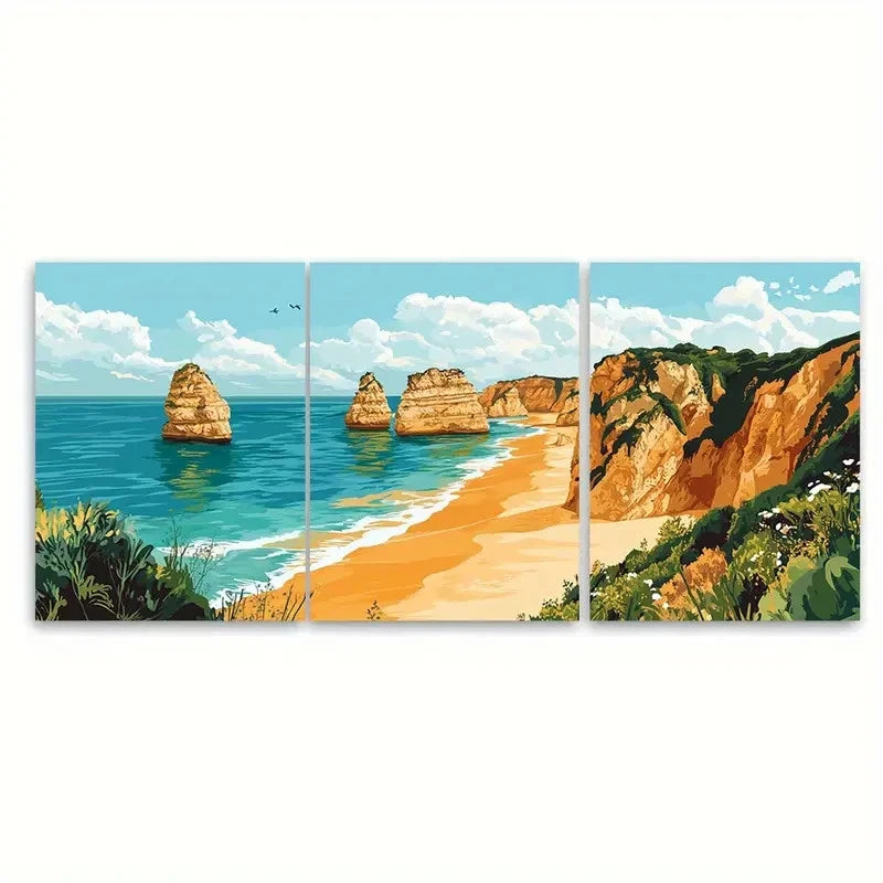 3pcs Beach Scenery Portuguese ti    Wall Art Set Canvas Framed 50x70cm - High Quality Print 100% Australian Made Wall Canvas Ready to Hang - Bella Home Decor