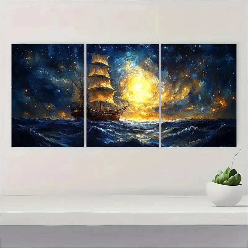 3pcs Starry Night Sky, Surreal Ship Painting J  Wall Art Set Canvas Framed 40x60cm - High Quality Print 100% Australian Made Wall Canvas Ready to Hang
