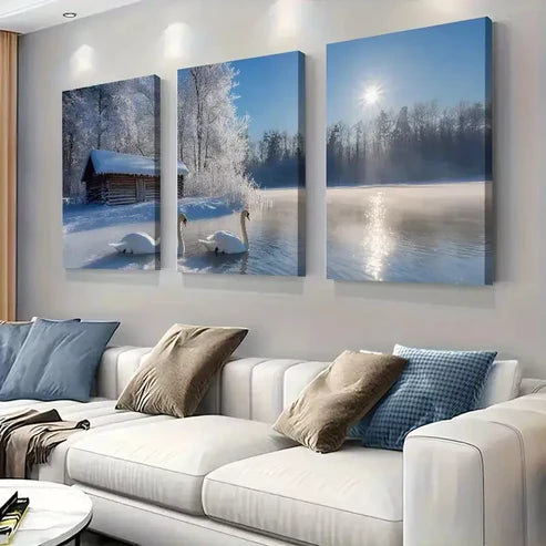 3 PCS Calm Charm Winter Swan Lake Wrapped Wall Art Set Canvas Unframed - High Quality Print 100% Australian Made Wall Canvas
