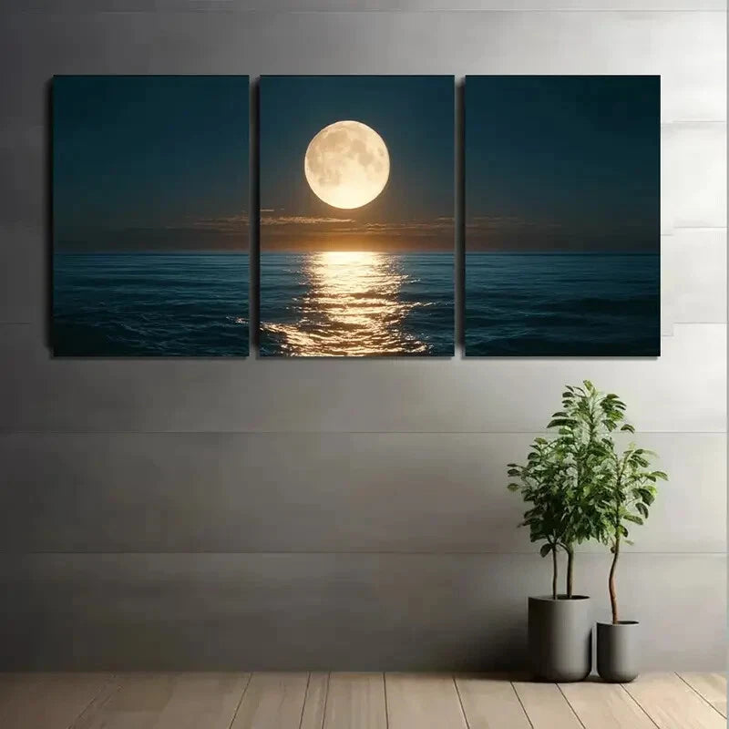 3pcs Full Moon Ocean Golden Reflections Metal Print Ready to Hang Art - Bella Home Decor