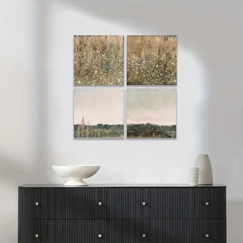4pcs Vintage Wall Art, Wildflower Field Set Wall Art Canvas Framed