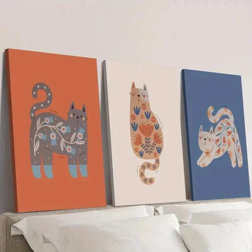 3pcs Cute Cartoon Nordic Niche Cats Wall Art Set Canvas Unframed - High Quality Print 100% Australian Made Wall Canvas - Bella Home Decor