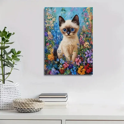 Cute Siamese Kitten in Vibrant Flower Garden Painting 40x60cm Metal Print Ready to Hang