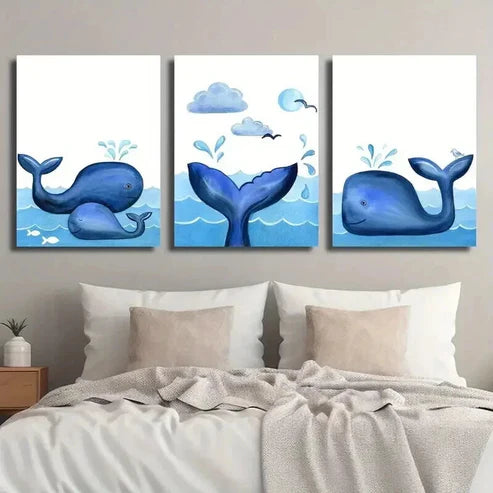 3pcs Blue Ocean Whale And Bird Decor Wall Art Set Canvas Unframed - High Quality Print 100% Australian Made Wall Canvas - Bella Home Decor