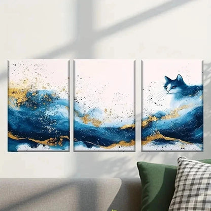 3pcs Cat with Blue and Golden Paint Wall Art Set Canvas Framed 40x60cm - High Quality Print 100% Australian Made Wall Canvas Ready to Hang - Bella Home Decor