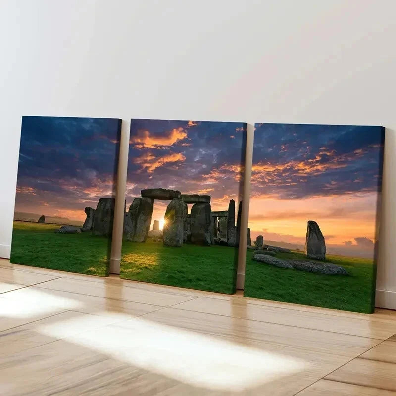 3pcs Stonehenge at Sunset Travel Attraction Wall Art Set Canvas Framed 40x60cm - High Quality Print 100% Australian Made Wall Canvas Ready to Hang - Bella Home Decor