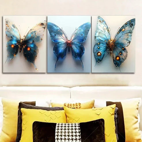 3 PCS Blue Mechanical Butterfly Wall Art Set Canvas Unframed - High Quality Print 100% Australian Made Wall Canvas - Bella Home Decor
