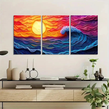 3pcs Vibrant Ocean Sunset Scene with Waves Metal Print Ready to Hang Art - Bella Home Decor