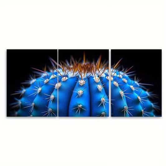 3pcs Vibrant Blue Cactus Close Up Metal Print Ready to Hang Art
