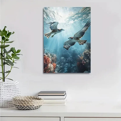 Underwater Hawks Chasing in Coral Reef Painting 40x60cm Metal Print Ready to Hang - Bella Home Decor