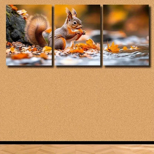 3pcs A Cute Squirrel is Sitting on the Bank Wall Art Canvas Unframed – High Quality Print 100% Australian Made Wall Canvas - Bella Home Decor