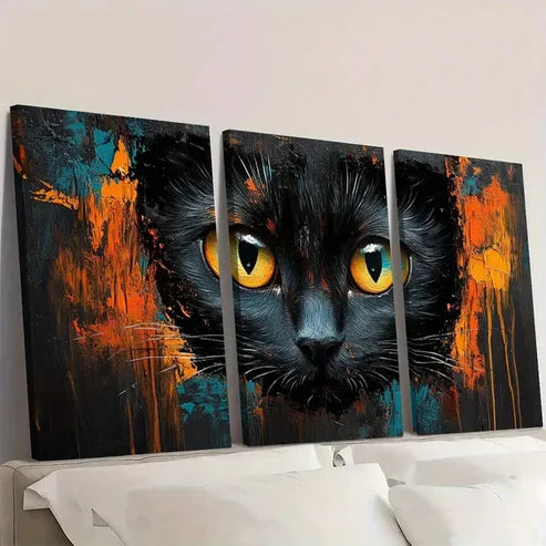 3pcs Dynamic Abstract Vibrant Black Cat Wall Art Set Canvas Unframed - High Quality Print 100% Australian Made Wall Canvas - Bella Home Decor