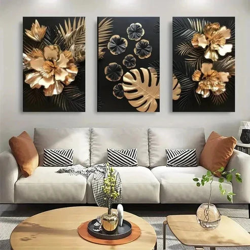 3pcs Modern Golden Leaf and Flower Wall Art Canvas Unframed - High Quality Print 100% Australian Made Wall Canvas