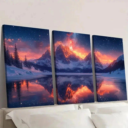 3pcs Starry Sky Above The Snow covered Mountains Wall Art Set Canvas Framed 60x90cm - High Quality Print 100% Australian Made Wall Canvas Ready to Hang - Bella Home Decor