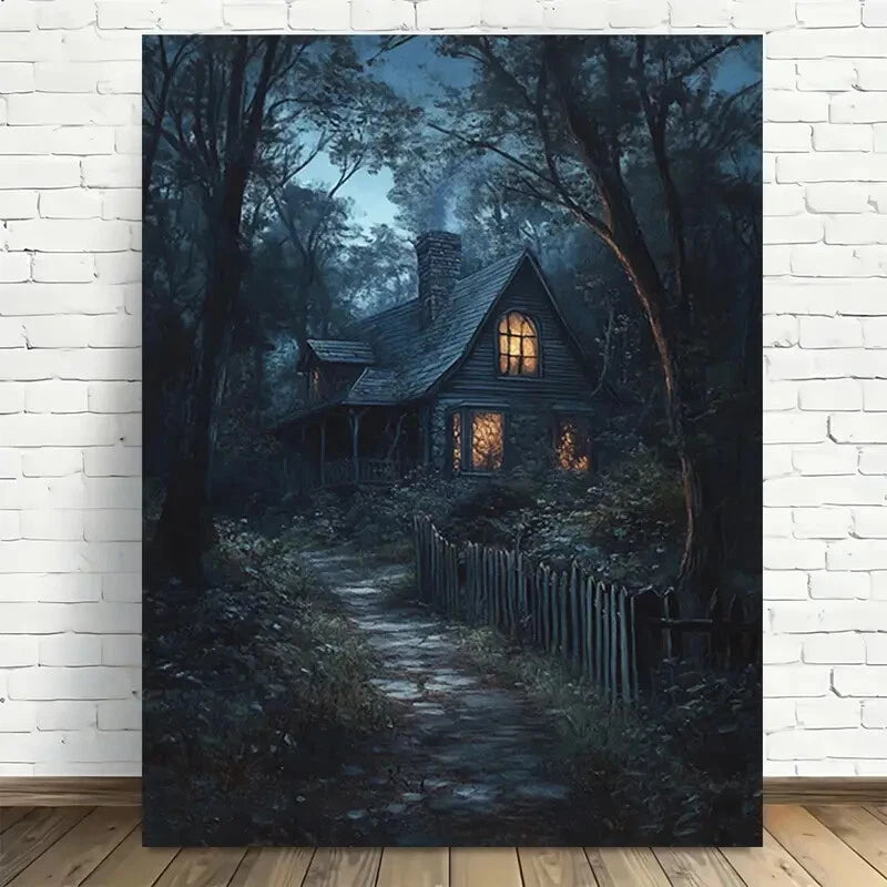 Beautiful Mystical Forest Cottage Night Scene Painting 40x60cm Metal Print Ready to Hang - Bella Home Decor