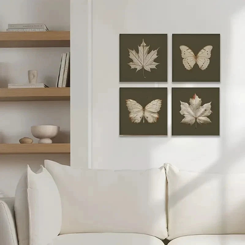 4pcs  Maple Leaf & Butterfly Print Set Wall Art Canvas Framed
