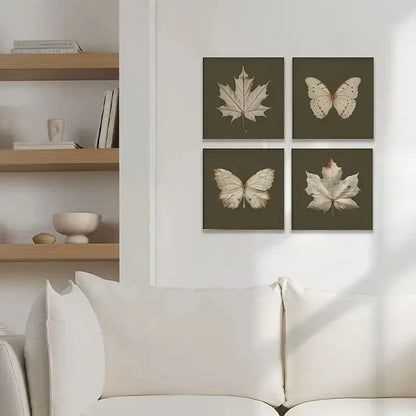 4pcs  Maple Leaf & Butterfly Print Set Wall Art Canvas Framed