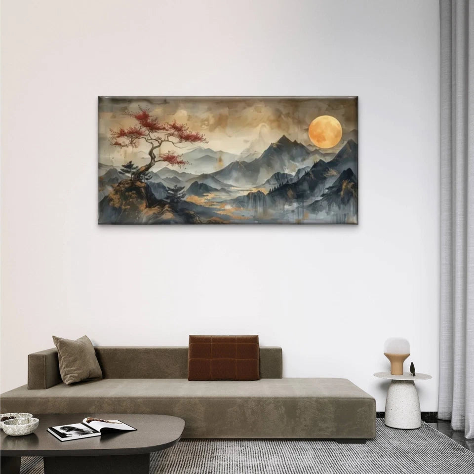 Serene Mountain View Full Moon Wall Art Canvas Office Home Room Framed 120x60cm