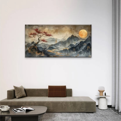 Serene Mountain View Full Moon Wall Art Canvas Office Home Room Framed 120x60cm