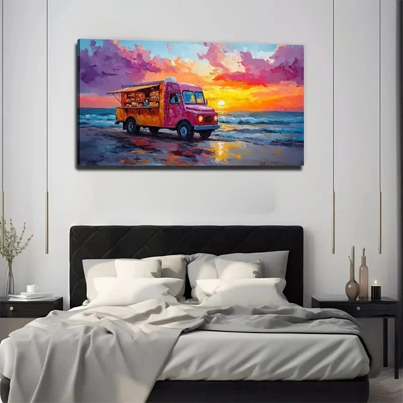 Food Truck By The Sea Nature Wall Art Canvas Office Home Room Framed 120x60cm