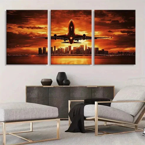 3pcs Vibrant Airplane Cityscape Skyline Perfect Wall Art Canvas Unframed - High Quality Print 100% Australian Made Wall Canvas