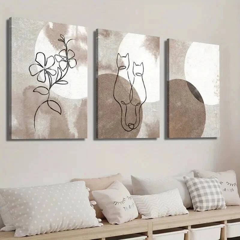3pcs Modern Abstract Cat & Floral Line Perfect Wall Art Set Canvas Framed 50x70cm - High Quality Print 100% Australian Made Wall Canvas Ready to Hang - Bella Home Decor