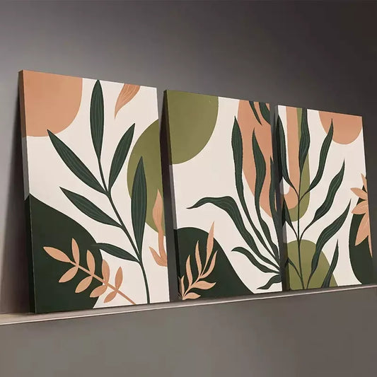 3pcs Bohemian Abstract Botanical Green Leaves Wall Art Set Canvas Framed 50x70cm - High Quality Print 100% Australian Made Wall Canvas Ready to Hang