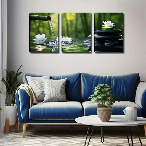 3pcs Serene Bamboo Forest with for Lotus Flowers Wall Art Set Canvas Unframed - High Quality Print 100% Australian Made Wall Canvas