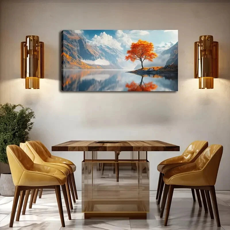 Vibrant Autumn Tree By Lake Wall Art Canvas Office Home Room Framed 120x60cm - Bella Home Decor