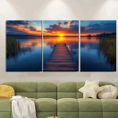 3pcs Serene Lakeside Jetty At Sunset Perfect Wall Art Set Canvas Framed 50x70cm - High Quality Print 100% Australian Made Wall Canvas Ready to Hang