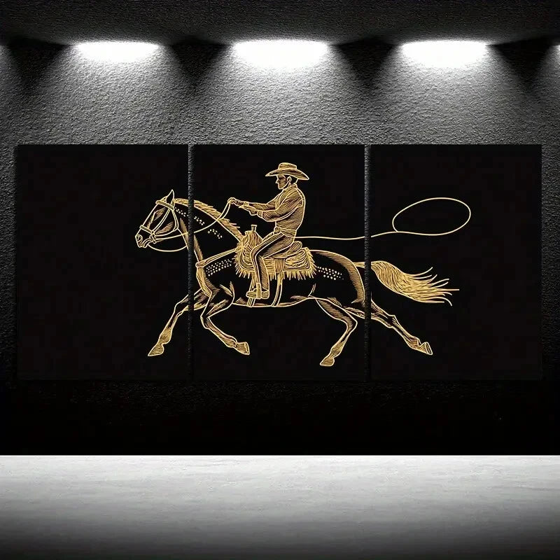 3pcs Horse Man Riding Golden Lines Metal Print Ready to Hang Art - Bella Home Decor