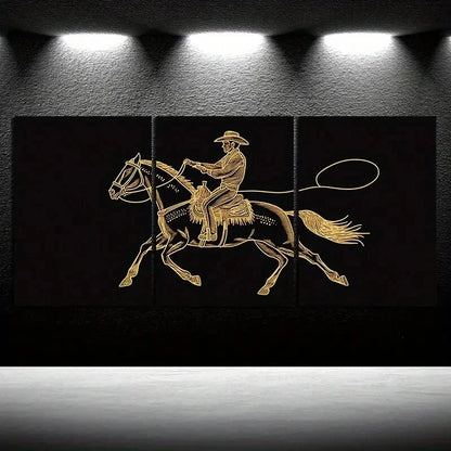 3pcs Horse Man Riding Golden Lines Metal Print Ready to Hang Art - Bella Home Decor