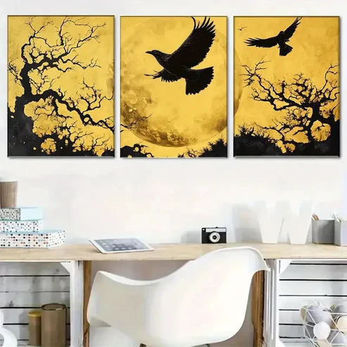 3pcs Moonlit Raven Flying Crows Golden Perfect Wall Art Canvas Unframed – High Quality Print 100% Australian Made Wall Canvas