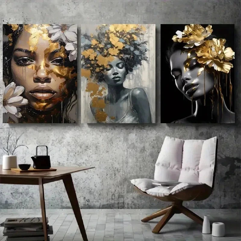3pcs Black and Golden Abstract Female Metal Print Ready to Hang Art - Bella Home Decor