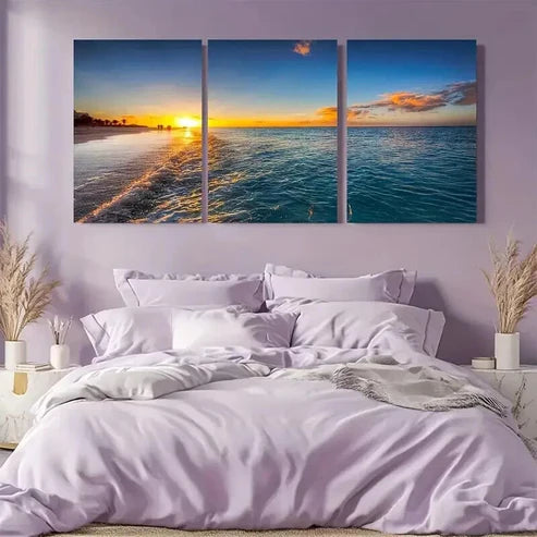 3pcs Beach with Yellow and Blue Skies Wall Art Canvas Unframed - High Quality Print 100% Australian Made Wall Canvas - Bella Home Decor