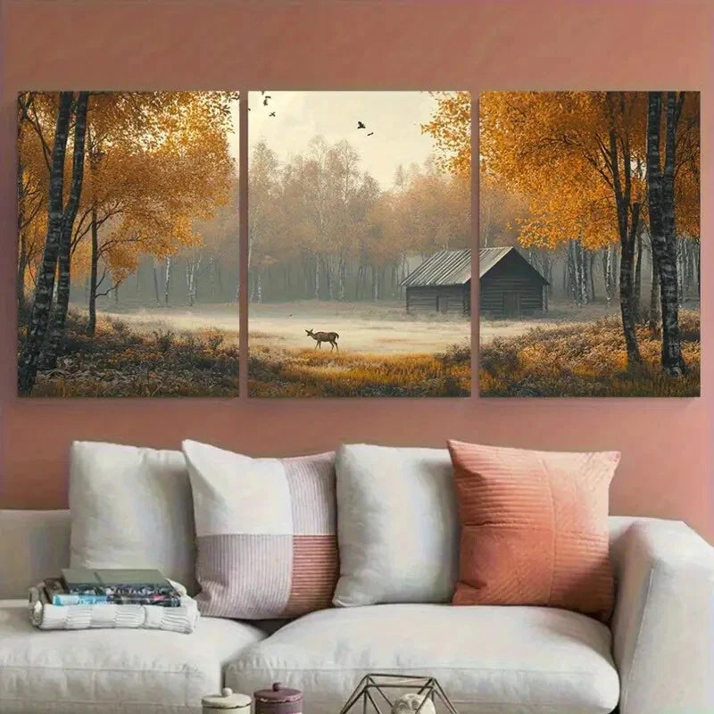 3pcs Nordic Minimalist Autumn Morning Scene Metal Print Ready to Hang Art